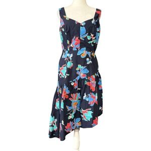 Du Paradis Womens Sundress S Blue Floral Asymmetrical Ruffle Cotton Fit Flare
